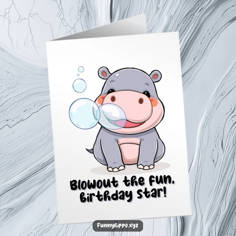 Funny Free Printable Birthday Card: Kawaii hippo playfully blowing enormous, iridescent bubbles from its snout with a happy expression.