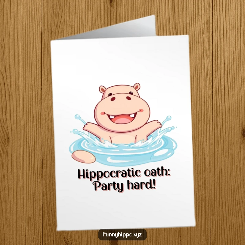 Funny Free Printable Birthday Card: Cheerful hippo joyfully splashing water, celebrating with a big, happy grin, perfect for a DIY gift.