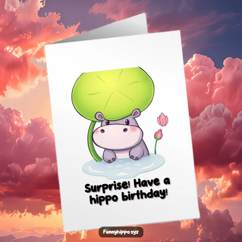 Funny Free Printable Birthday Card: Curious hippo peeking out playfully from behind a giant green lily pad, eyes wide with playful mischief, great for DIY.