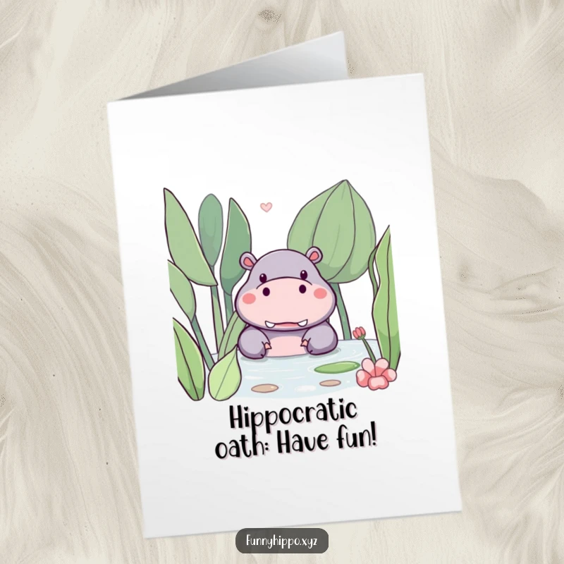 Funny free printable birthday card with a cute kawaii hippo peeking from behind a large, friendly water plant, ready to surprise.