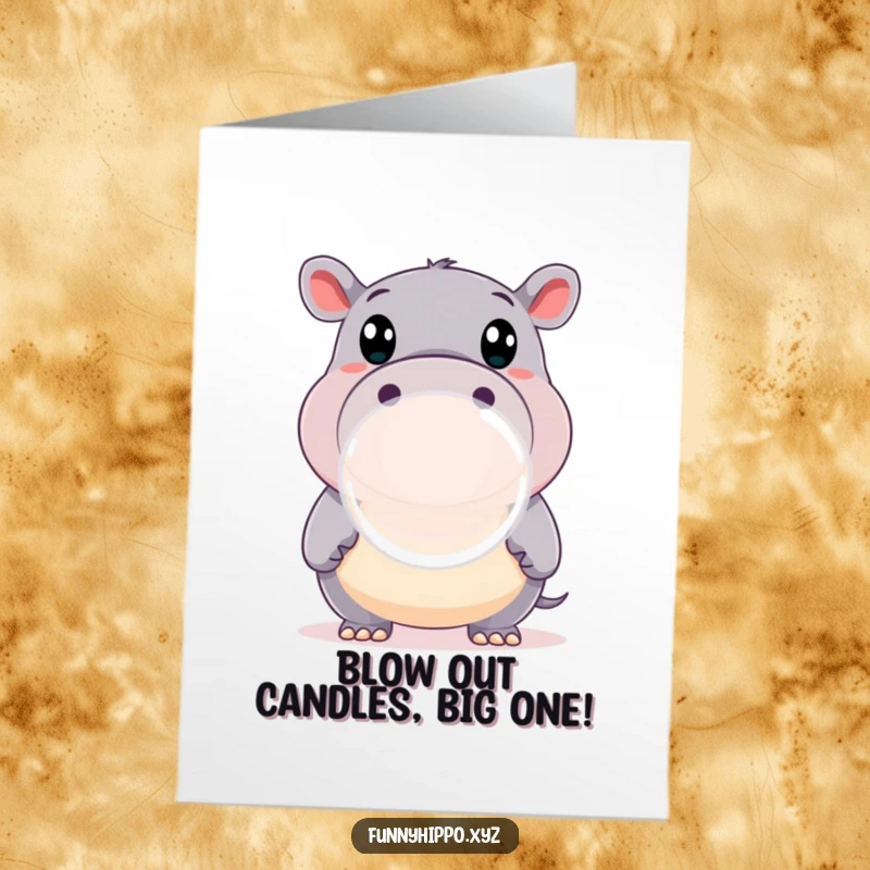Funny Free Printable Birthday Card: Happy hippo with huge, wide eyes blowing a giant, clear bubble, looking surprised and delighted, a great DIY gift.