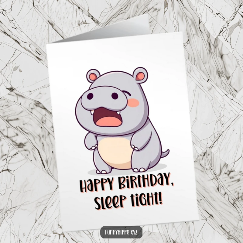 Funny Free Printable Hippo Birthday Card: A kawaii hippo gives a gentle, happy yawn, wishing a relaxed birthday.