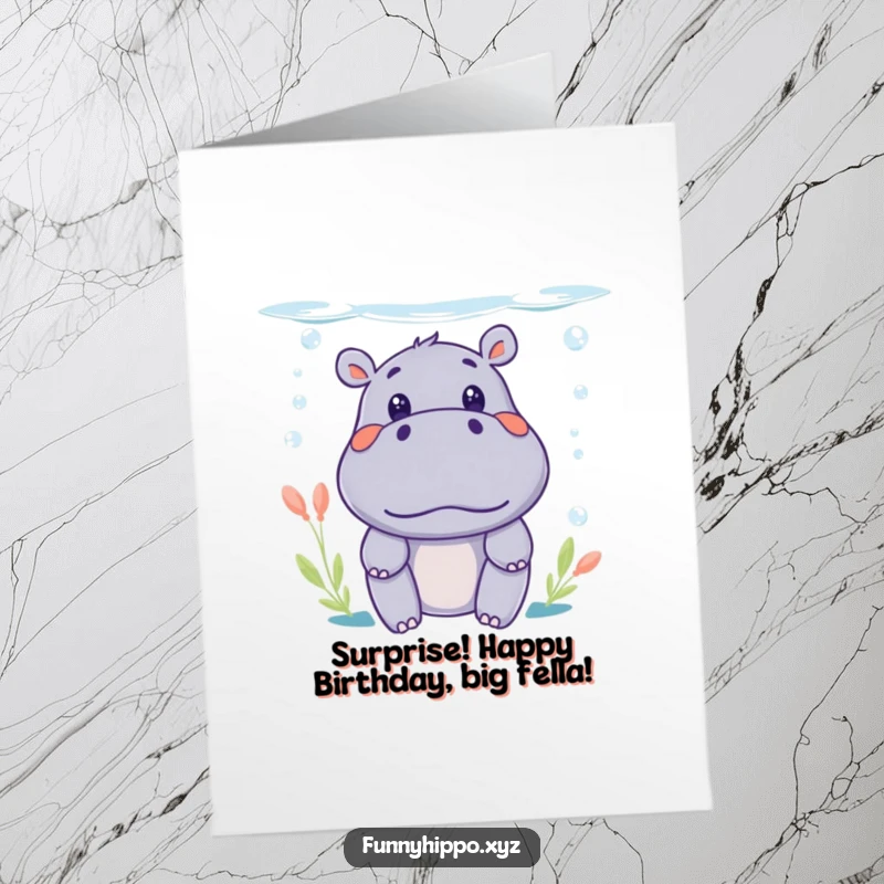 Funny Free Printable Hippo Birthday Card: A kawaii hippo pops up surprised from underwater, perfect for a birthday wish.