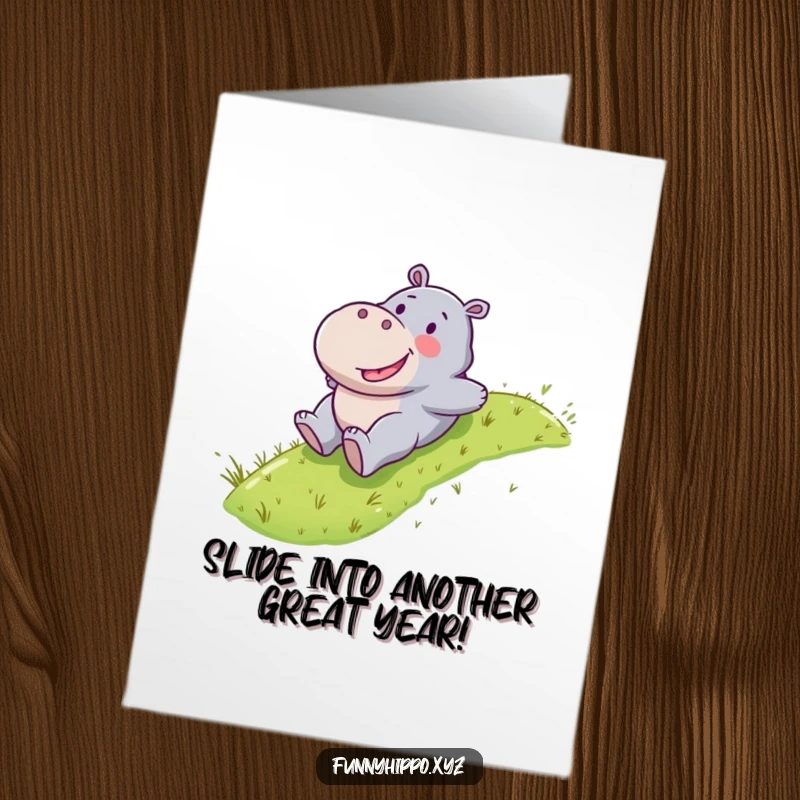 Funny Free Printable Birthday Card: A Kawaii hippo joyfully sliding down a lush grassy slope.