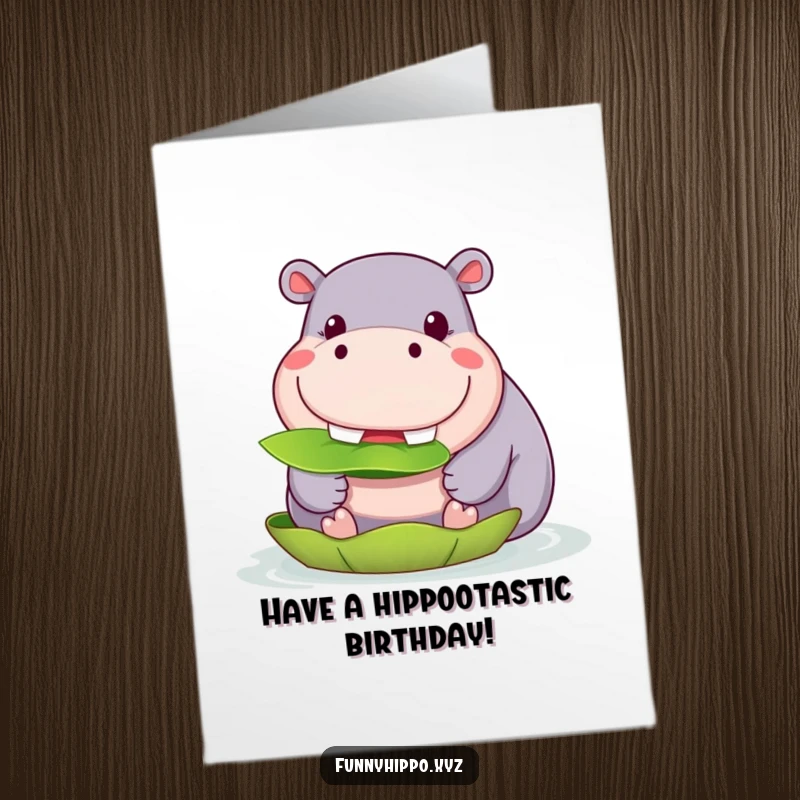 Funny Free Printable Hippo Birthday Card, a kawaii hippo with a wide grin happily eating a large lily pad.