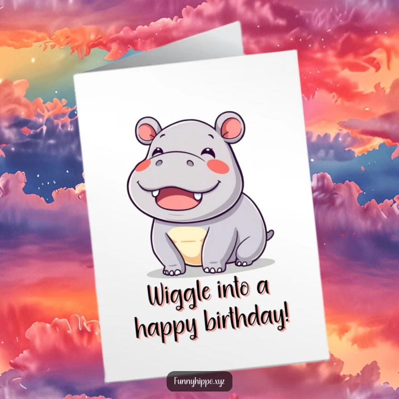 Funny Free Printable Birthday Card: A kawaii hippo wiggling its ears with exaggerated joy and a huge smile.