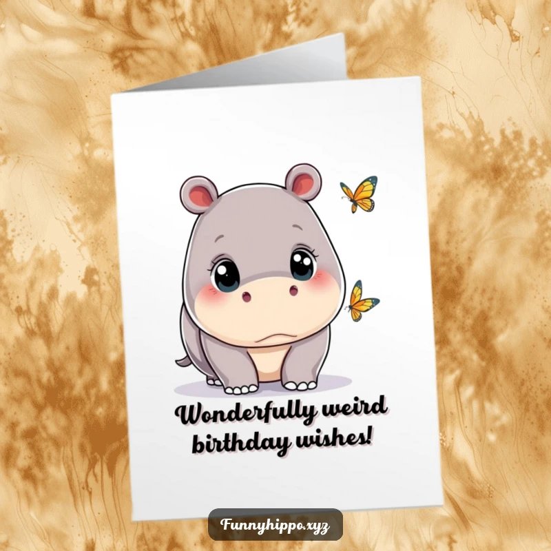 Funny Free Printable Birthday Card: Kawaii hippo with wide, amazed eyes observing a delicate, tiny butterfly fluttering nearby.
