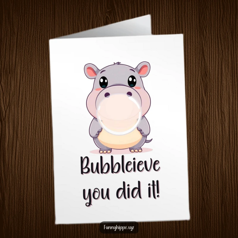 Funny Free Printable Congratulations Card: A happy hippo with big eyes blowing a large bubble, symbolizing a great achievement, perfect for a DIY gift.