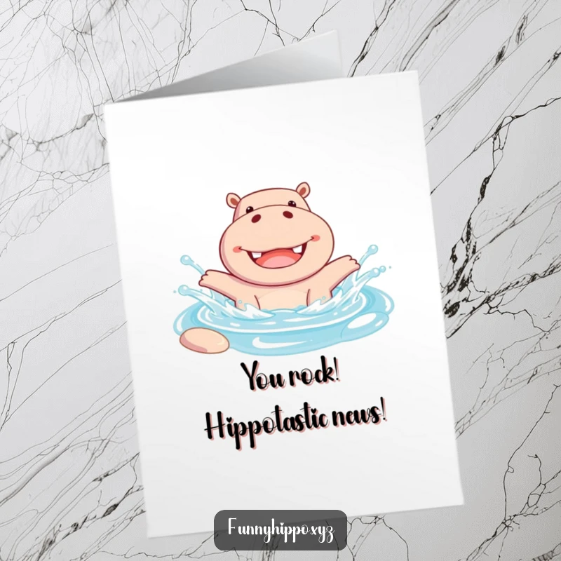 Funny Free Printable Congratulations Card: Ecstatic hippo splashing water exuberantly, conveying pure joy and excitement, ideal for a DIY gift.