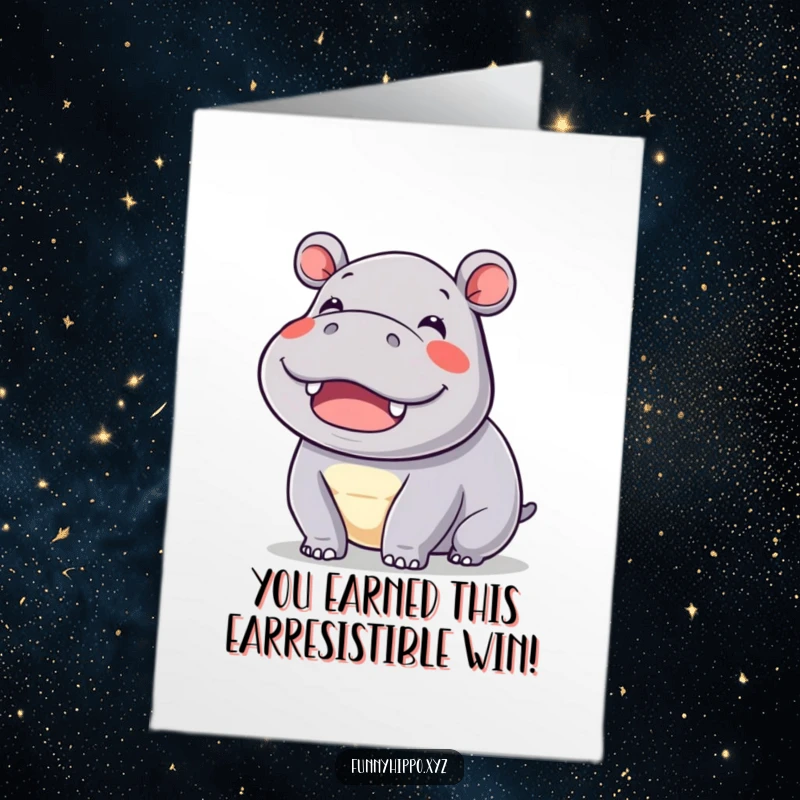 Funny Free Printable Congratulations Card: Kawaii hippo wiggling its ears enthusiastically, expressing immense happiness over their success.