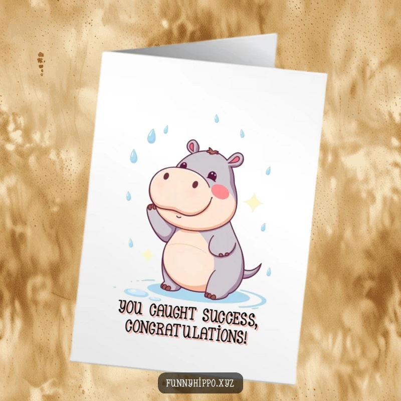 Funny Free Printable Hippo Congratulations Card: A cute hippo comically attempts to catch falling raindrops, celebrating good news.
