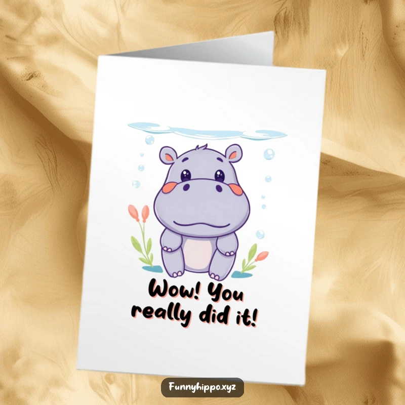 Funny Free Printable Hippo Congratulations Card: A cute hippo peeks surprised from underwater, celebrating success with a giggle.