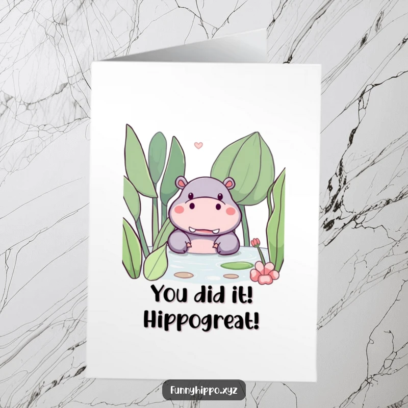 Funny free printable congratulations card with a cute kawaii hippo emerging from behind a water plant, offering a cheerful message.