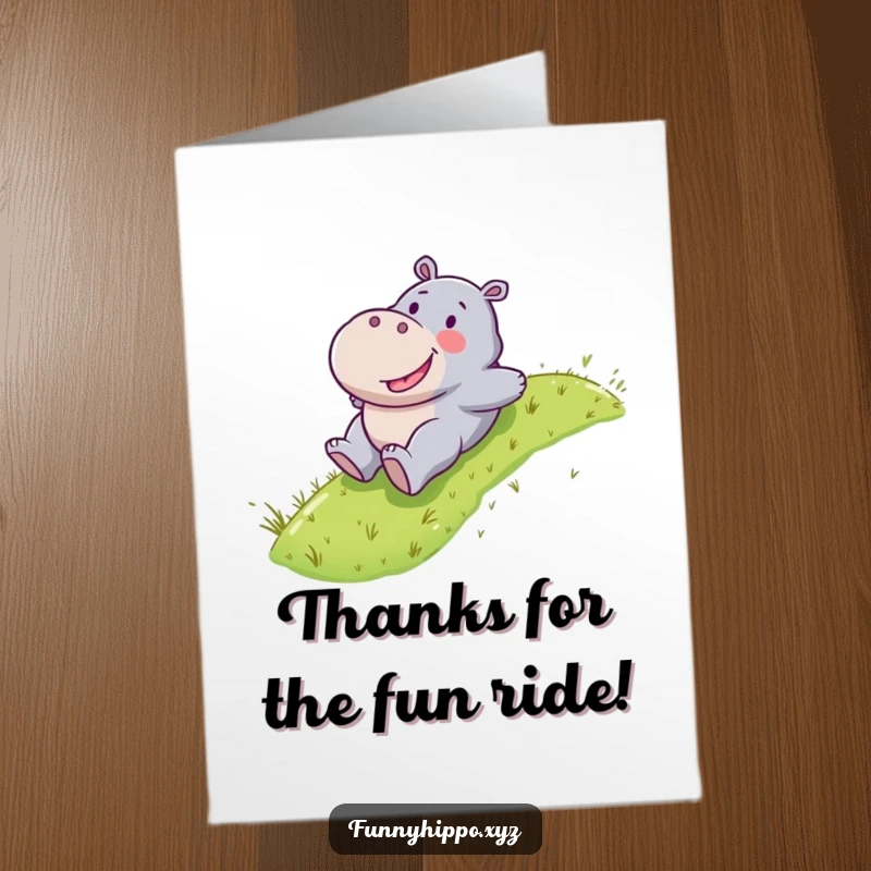 Funny Free Printable Thank You Card: A Kawaii hippo happily sliding down a grassy slope, sending thanks.