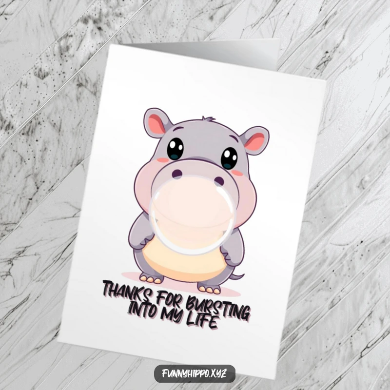 Funny Free Printable Thank You Card: A happy hippo with wide eyes blowing a large bubble, conveying big thanks, great for a DIY gift.