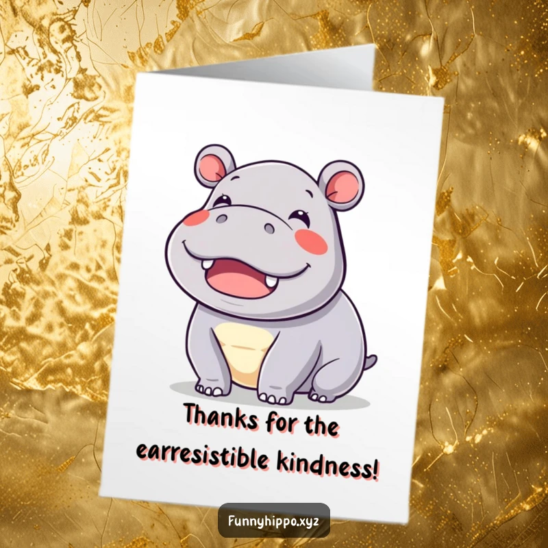 Funny Free Printable Thank You Card: Kawaii hippo wiggling its ears with immense pleasure, conveying heartfelt thanks.