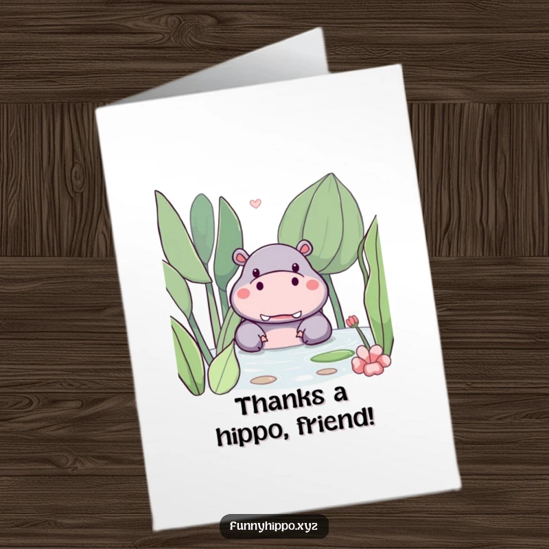Funny free printable thank you card featuring a cute kawaii hippo peeking out from behind a lush water plant, expressing thanks.
