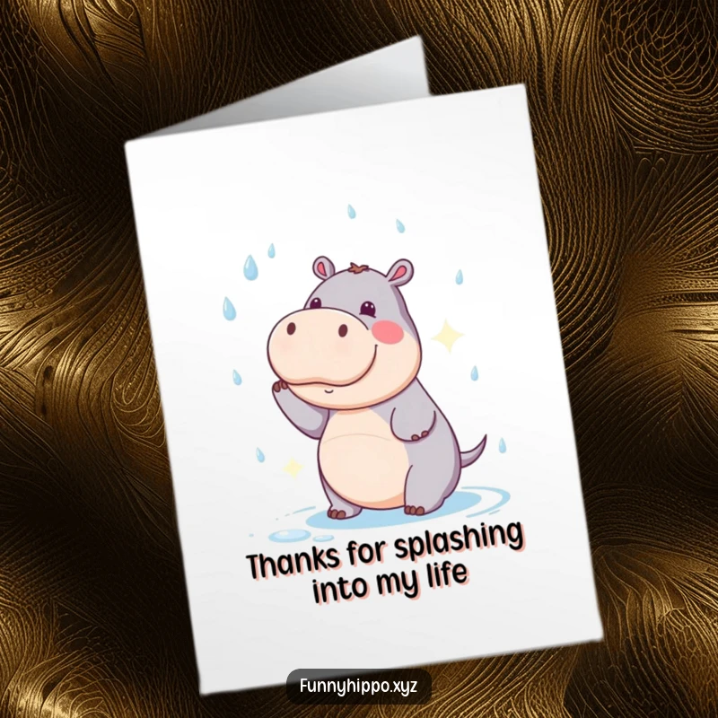 Funny Free Printable Hippo Thank You Card: A cute hippo comically tries catching raindrops as a token of thanks.