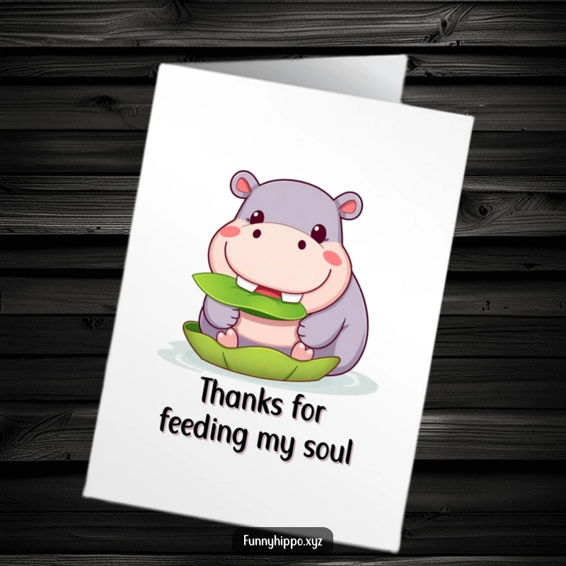 Funny Free Printable Hippo Thank You Card, a kawaii hippo happily munching a lily pad with gratitude.