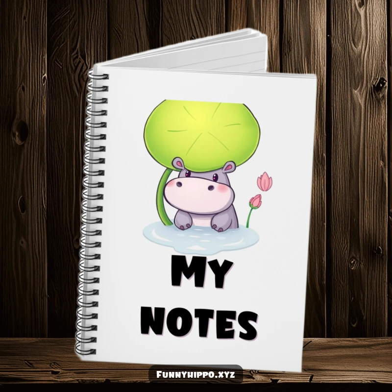 Funny Notebook featuring a Curious Hippo Peeking from Behind a Lily Pad, perfect for journaling
