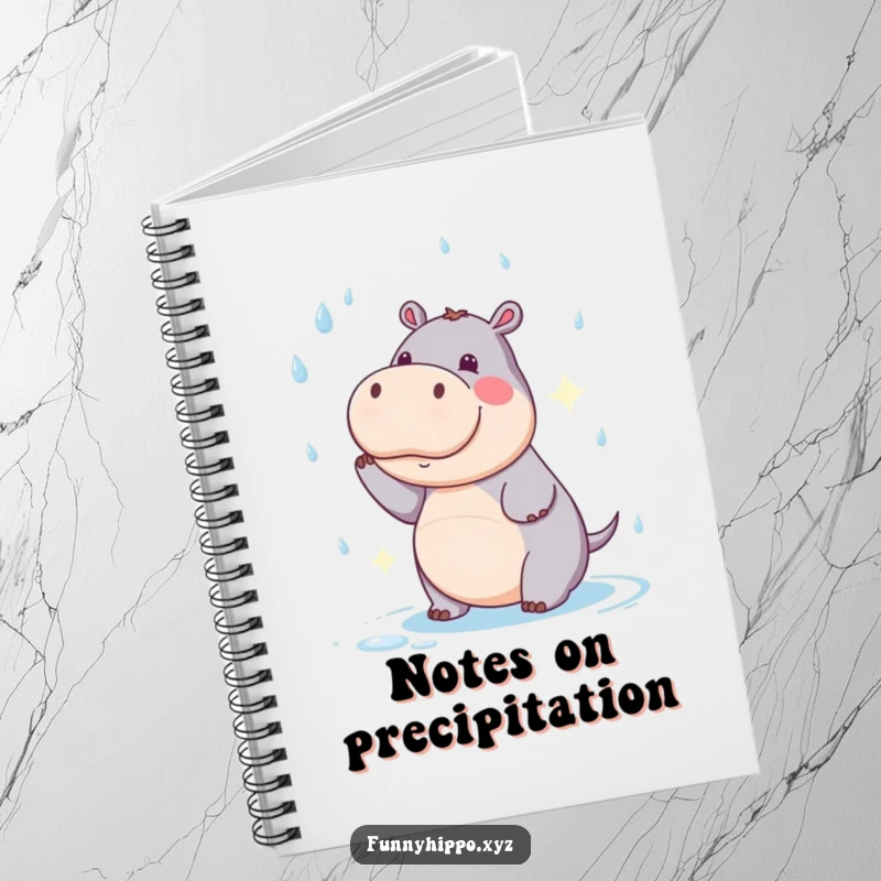 Funny Kawaii Hippo Notebook pages adorned with a comical raindrop catcher, perfect for funny notes.