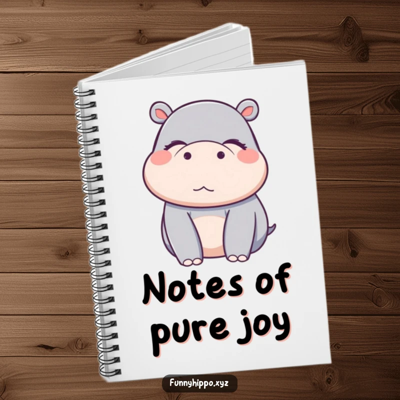 Funny Kawaii hippo character with eyes closed in pure delight, a lined notebook for capturing blissful thoughts.