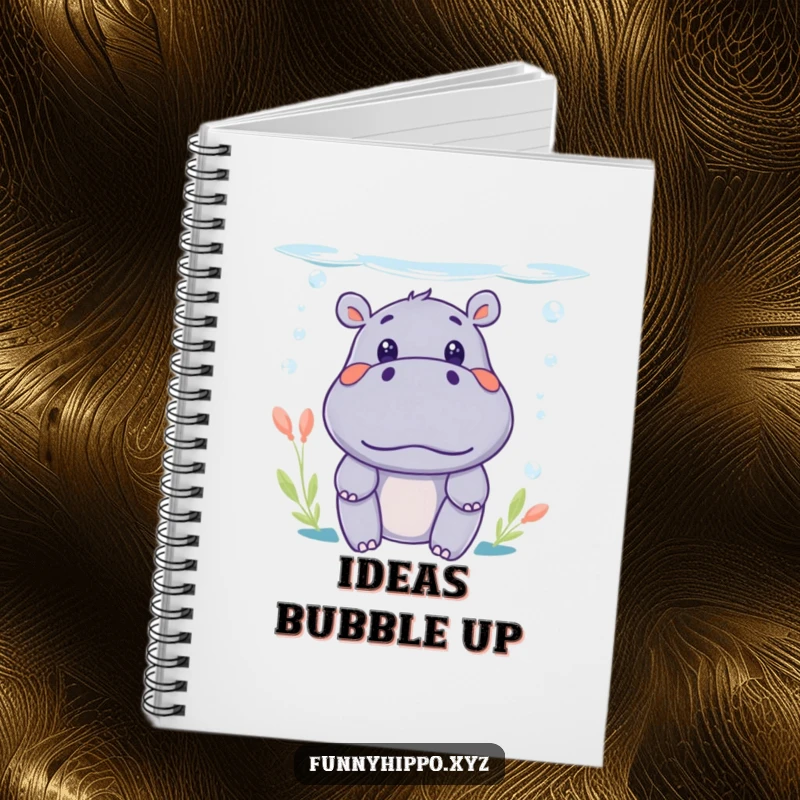 Funny Kawaii Hippo Notebook with a surprised expression peeking from underwater, perfect for funny notes.