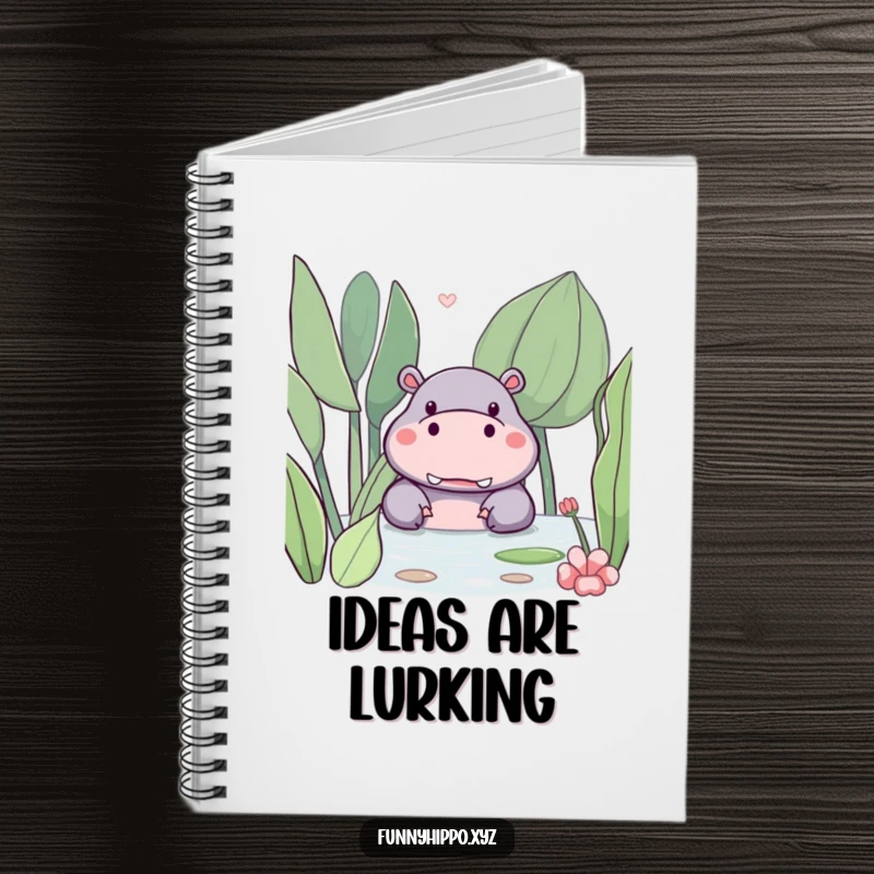 Funny kawaii hippo peeking from behind a big, friendly water plant on this cute and inspiring notebook.