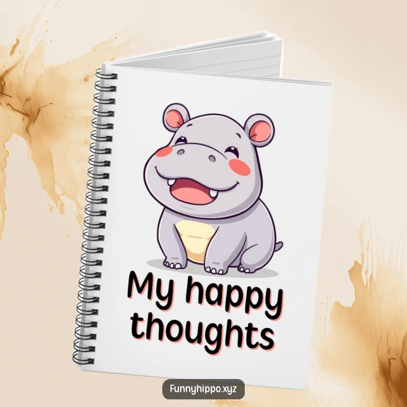 Funny kawaii hippo wiggling its ears with immense delight, featured on a cute notebook cover for everyday use.