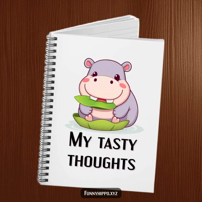 Funny Kawaii Hippo Notebook with a cute hippo grinning and munching on a lily pad, an inspiring and funny journal.