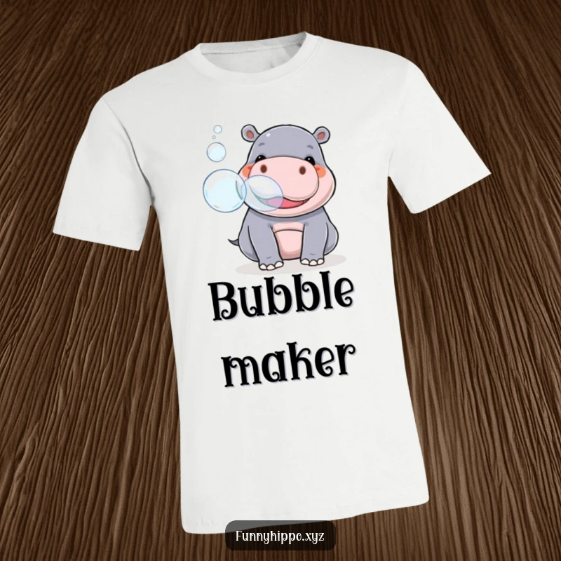 Funny kawaii hippo playfully blowing huge, shimmering bubbles from its snout, a cheerful and enchanting sight.