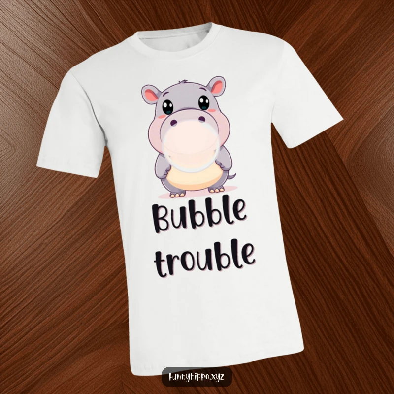 Funny T-Shirt showing a Happy Hippo with Wide Eyes Concentrating on Blowing a Huge Bubble