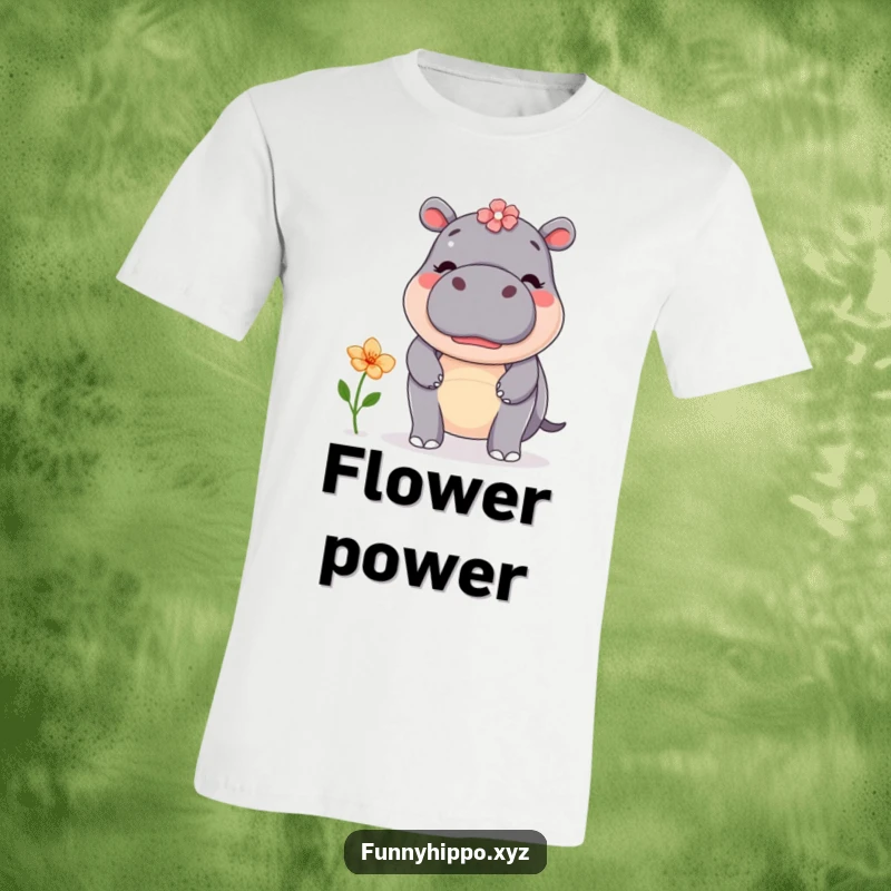 Funny kawaii hippo with a flower precariously balanced on its snout, showing intense concentration and adorable effort.