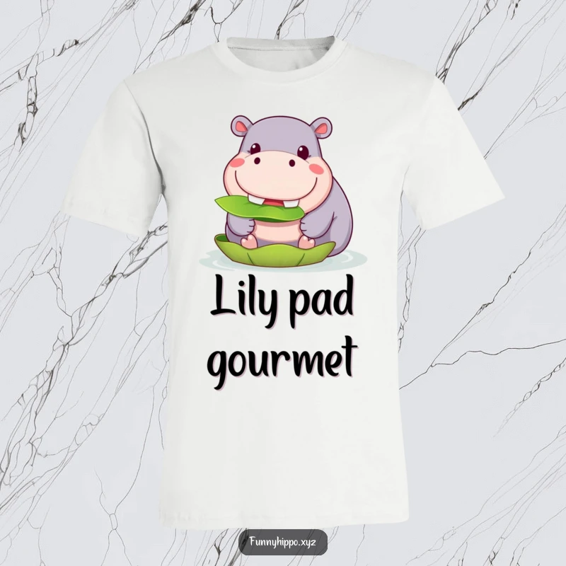 Funny Kawaii Hippo T-Shirt of a cute hippo with a wide grin happily munching on a lily pad, a fun and funny tee.