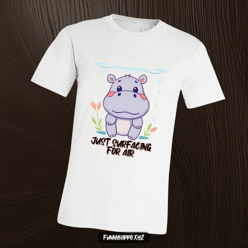 Funny Kawaii Hippo T-Shirt with a surprised face peeking from underwater, a humorous wearable item.