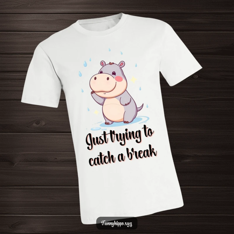Funny Kawaii Hippo T-Shirt comically attempting to catch falling raindrops, a humorous wearable gift.