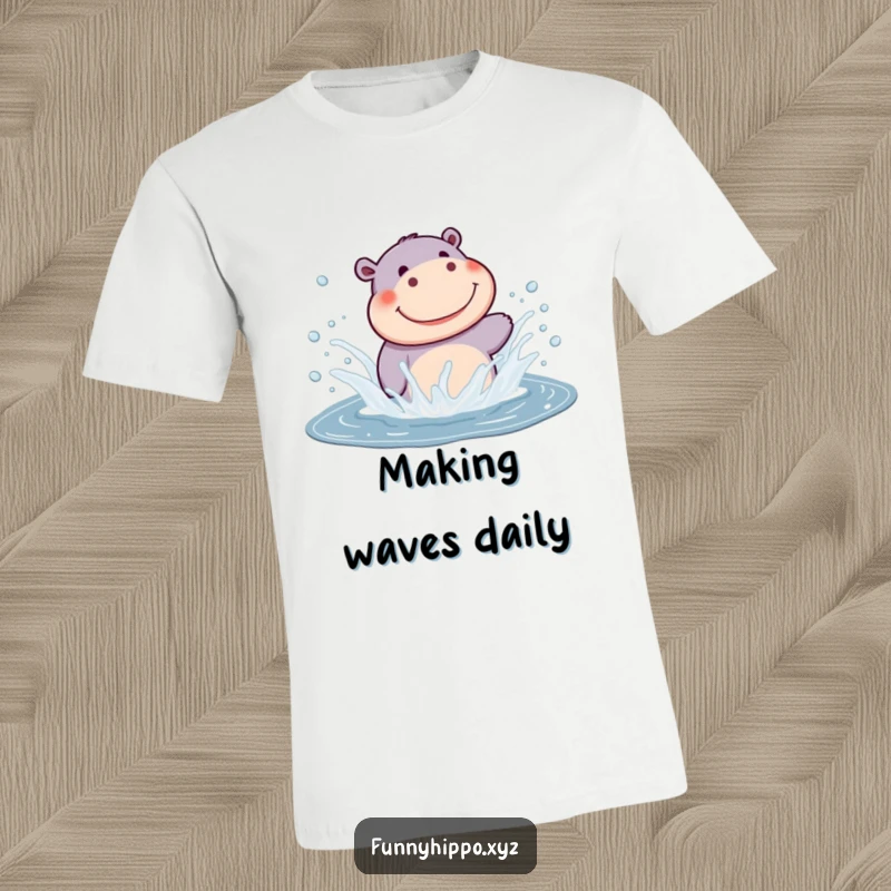 Funny Kawaii Hippo T-Shirt of a cute hippo joyfully splashing in a puddle, a wet and wild funny tee.