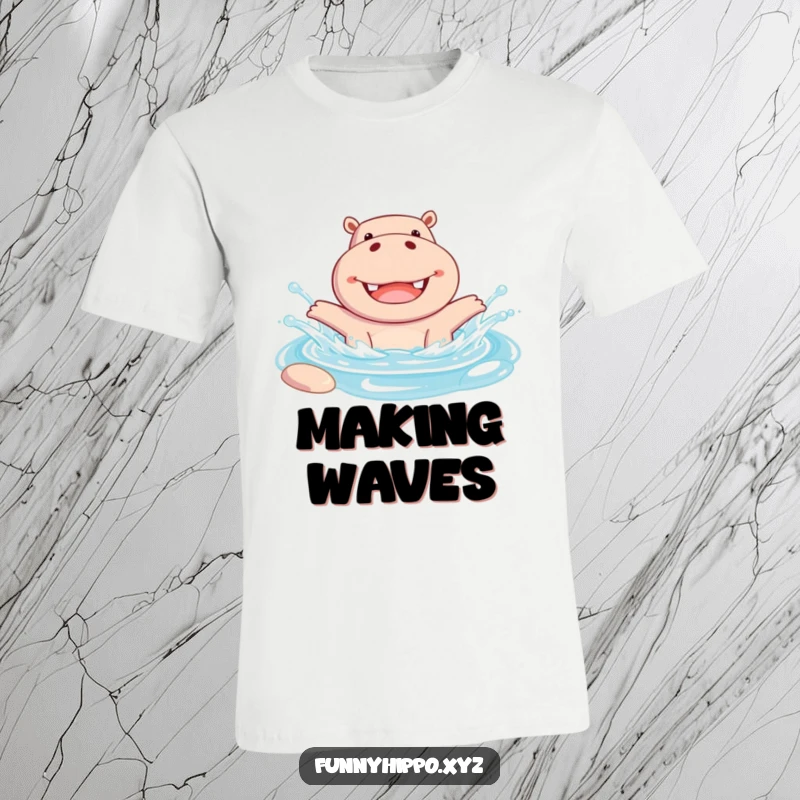 Funny T-Shirt of a Cheerful Hippo Joyfully Splashing in a Pool, Water Flying Everywhere