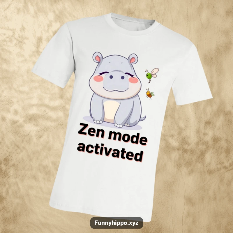 Funny Kawaii Hippo T-Shirt of a cute hippo with closed eyes blissfully listening to a cricket, a peaceful and funny tee.