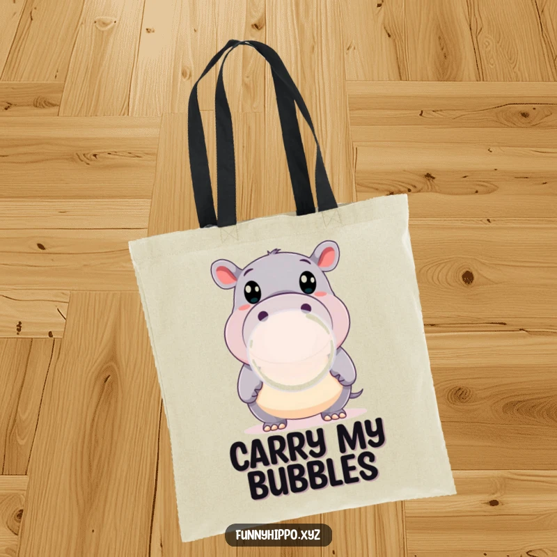 Funny Tote Bag with a Happy Hippo with Wide Eyes Blowing a Large, shimmering Bubble