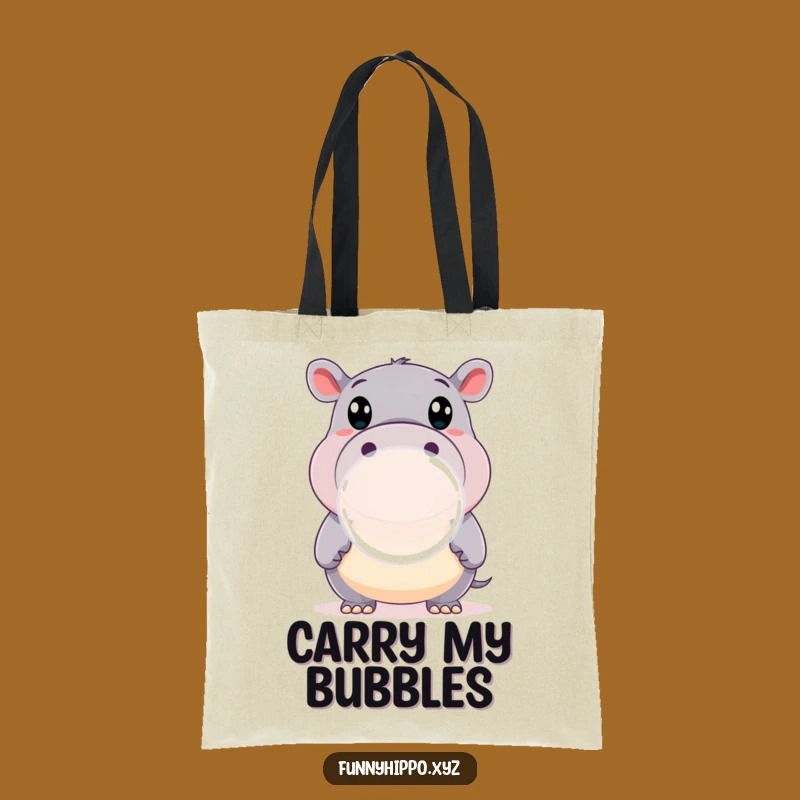 Funny Hippo Bubble Tote Bag: Happy Wide-Eyed Hippo Blowing Big Bubble Perfect Gift