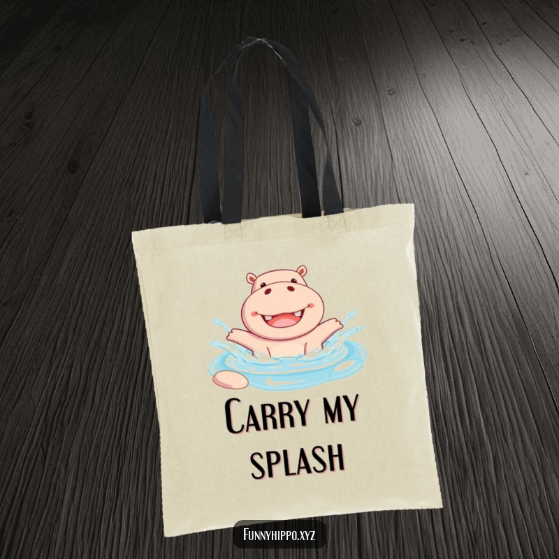 Funny Tote Bag showing a Cheerful Hippo Joyfully Splashing Water in a Pool, ready for errands