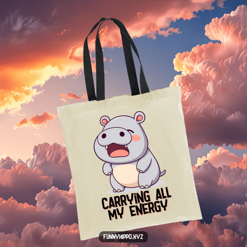 Funny Kawaii Hippo Tote Bag with a gentle, happy yawn, perfect for carrying essentials with calm.