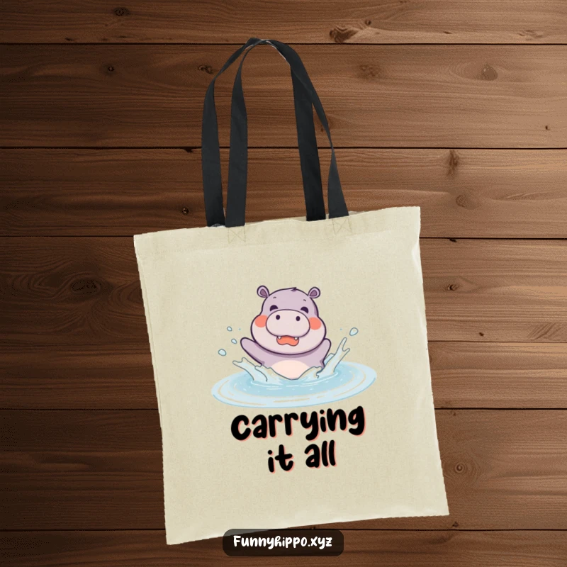 Funny kawaii hippo joyfully splashing in a puddle, a cute companion for everyday adventures, perfect for errands.