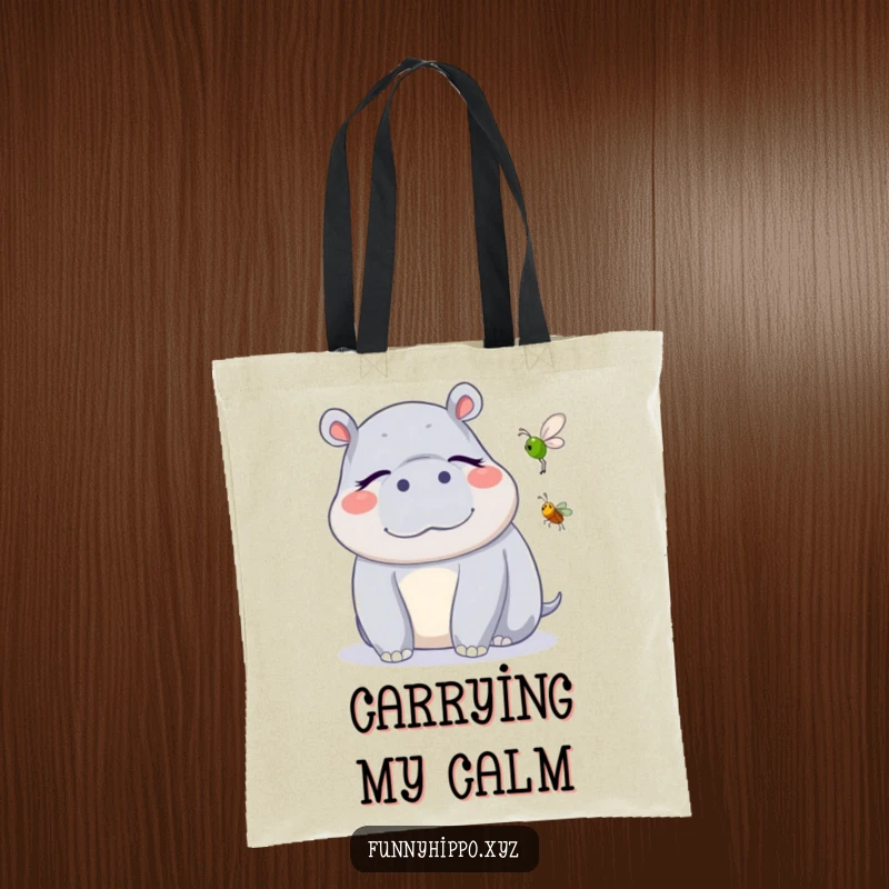Funny Kawaii Hippo Tote Bag with a cute hippo blissfully listening to a cricket, a practical and funny accessory.