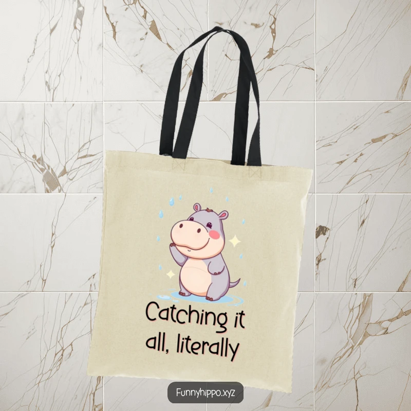 Funny Kawaii Hippo Tote Bag humorously trying to catch falling raindrops, a stylish and funny accessory.
