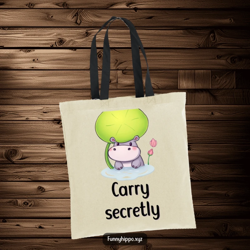 Funny Tote Bag showing a Curious Hippo Peeking from Behind a Large Lily Pad, ready for adventures