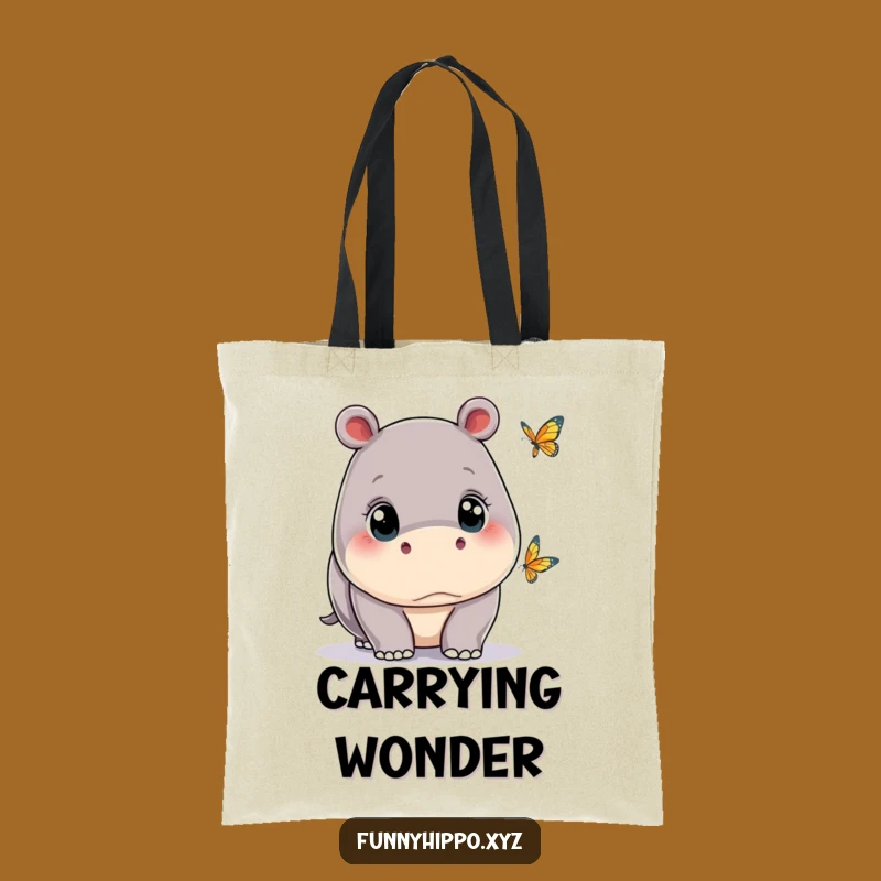 Funny Kawaii Hippo Butterfly Tote Bag - Cute Wide-Eyed Carry-All