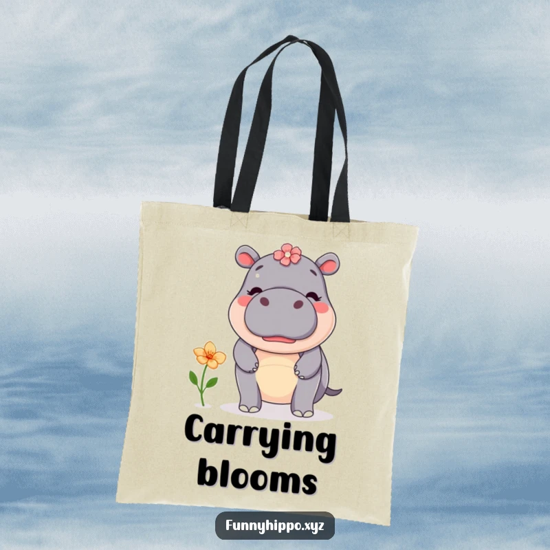 Funny kawaii hippo attempting to balance a flower on its nose, a focused companion for everyday adventures.