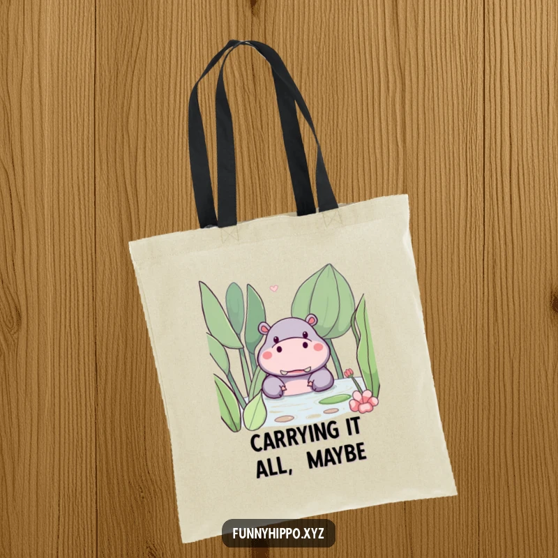 Funny kawaii hippo peeking from behind a lush, friendly water plant on this spacious and stylish tote bag.